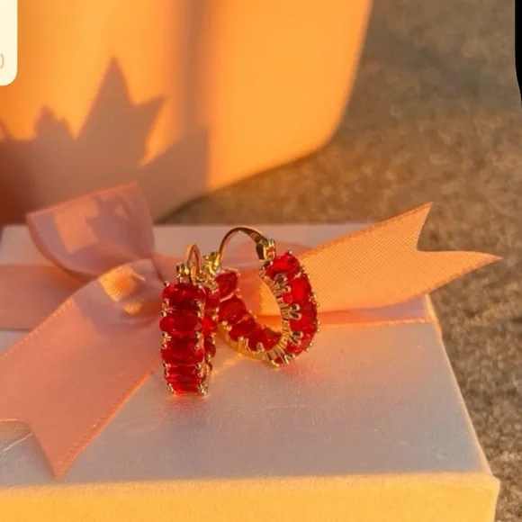 925/18K gold plated ruby oval cut inside out hoop earrings with swarovski #123 - Picture 13 of 13